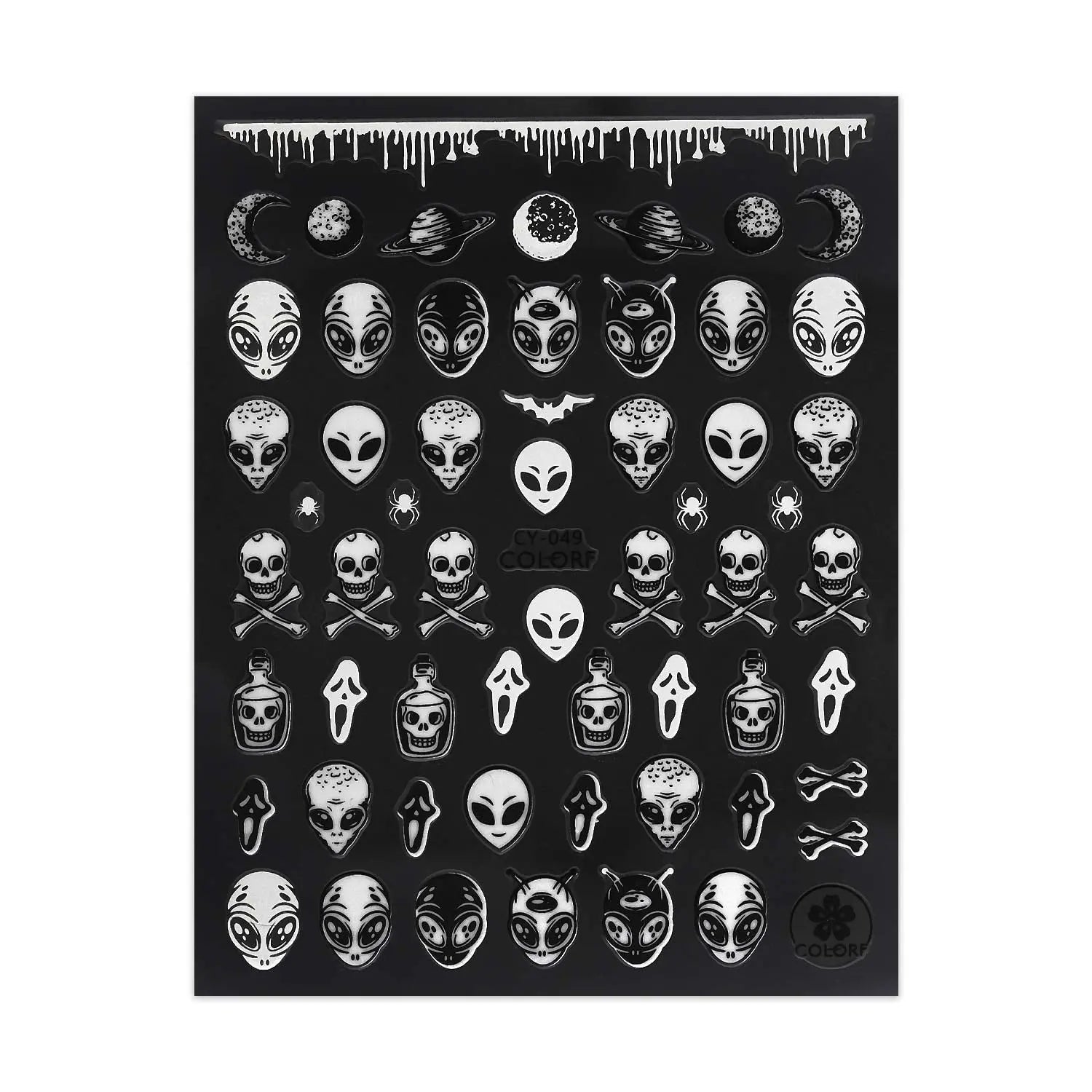 Glow in the Dark Halloween Stickers - Aliens & Skulls - Black & White   Naio Nails