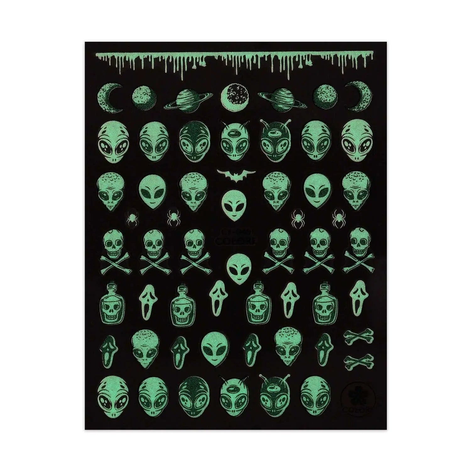 Glow in the Dark Halloween Stickers - Aliens & Skulls - Black & White   Naio Nails